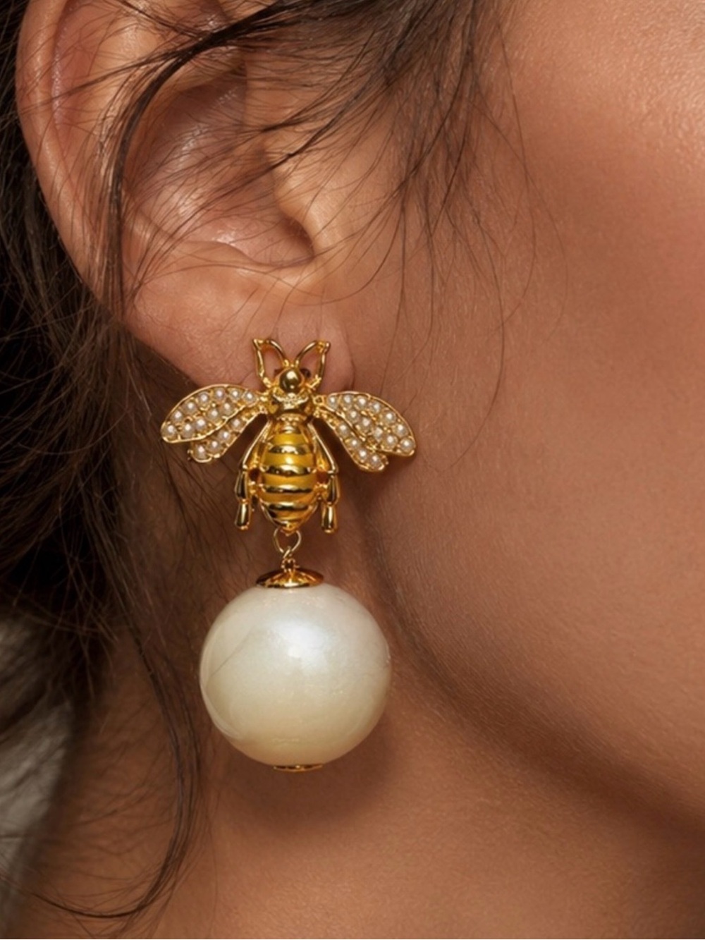 Gold Bee Pearl Drop Earrings - Women Jewelry